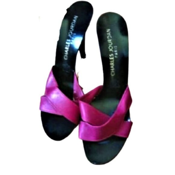 Vintage 90s Charles Jordan leather slides shoes heels sandals in hot pink - Picture 3 of 9